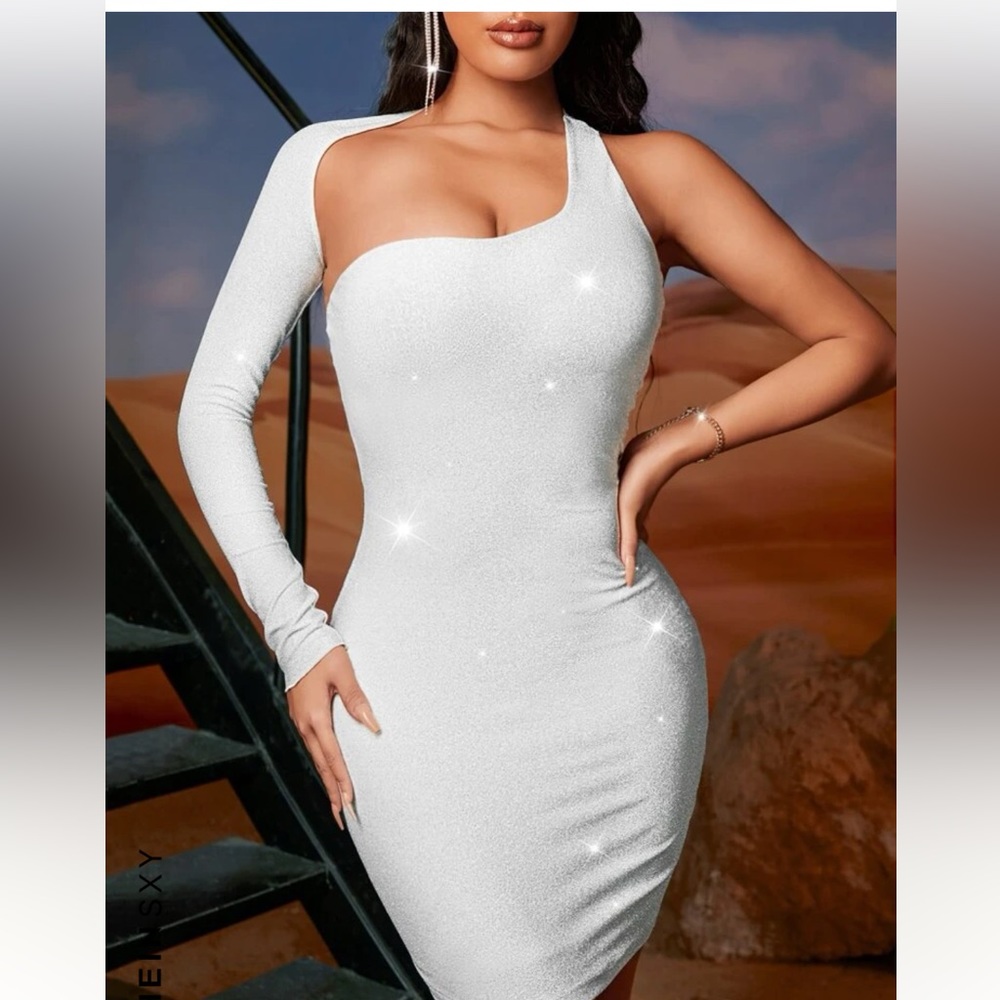 Asymmetrical Neck One Sleeve Glitter Bodycon Dress